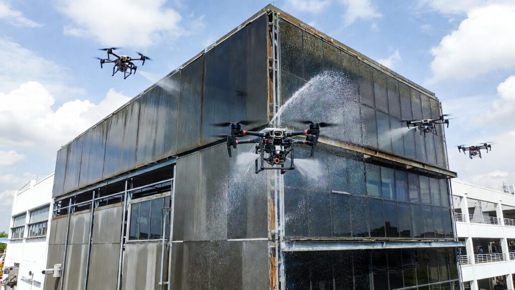 Commercial drone pressure washing exterior brick building