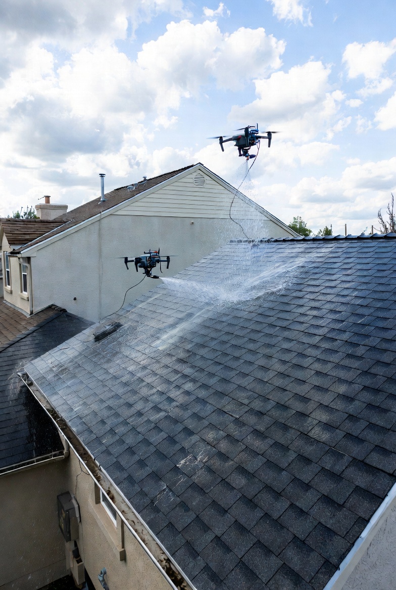 Commercial drone pressure washing exterior brick building
