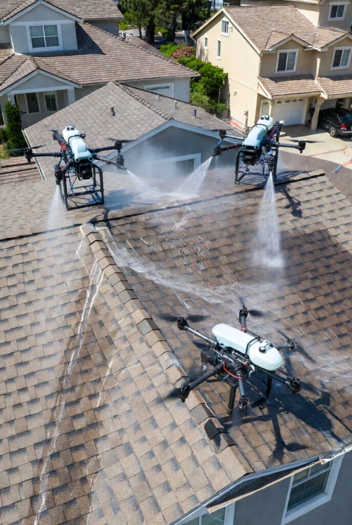 Commercial drone pressure washing exterior brick building