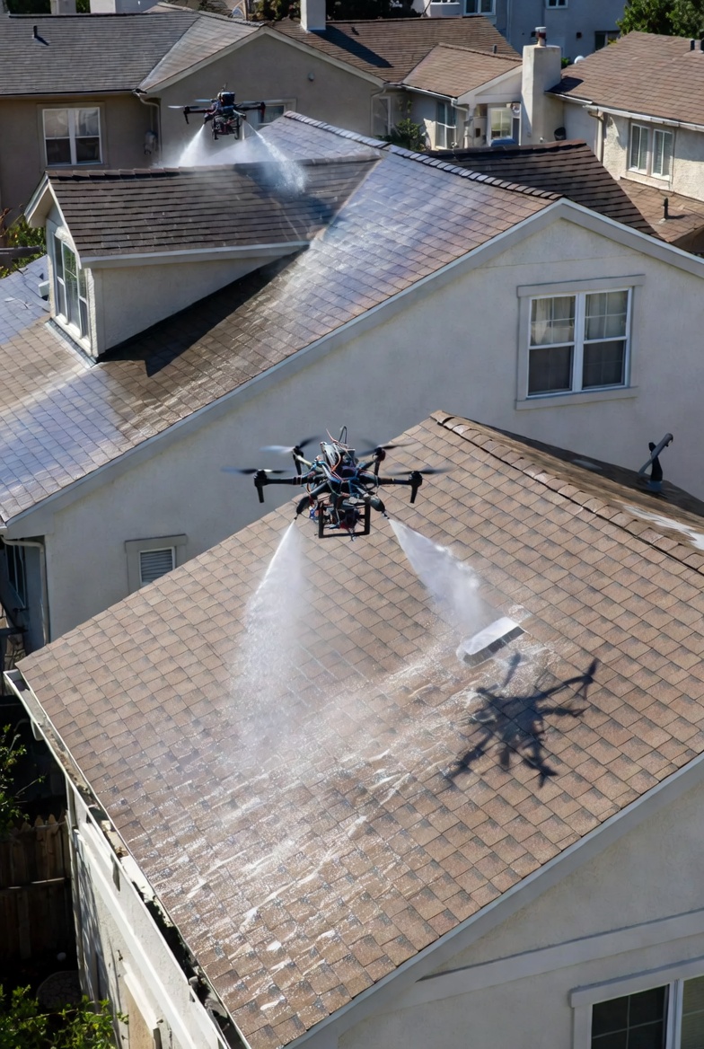 Commercial drone pressure washing exterior brick building