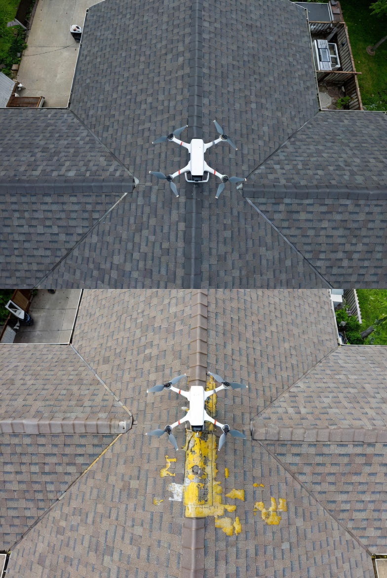 Commercial drone pressure washing exterior brick building