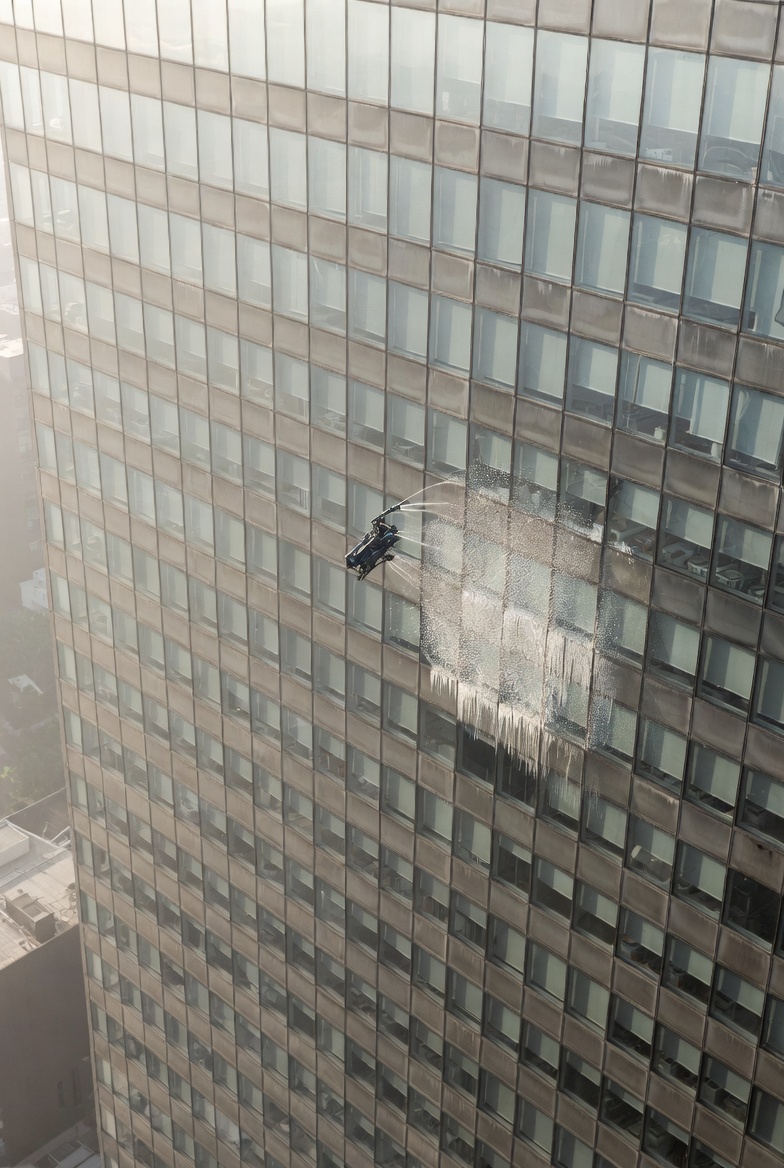 Commercial drone pressure washing exterior brick building