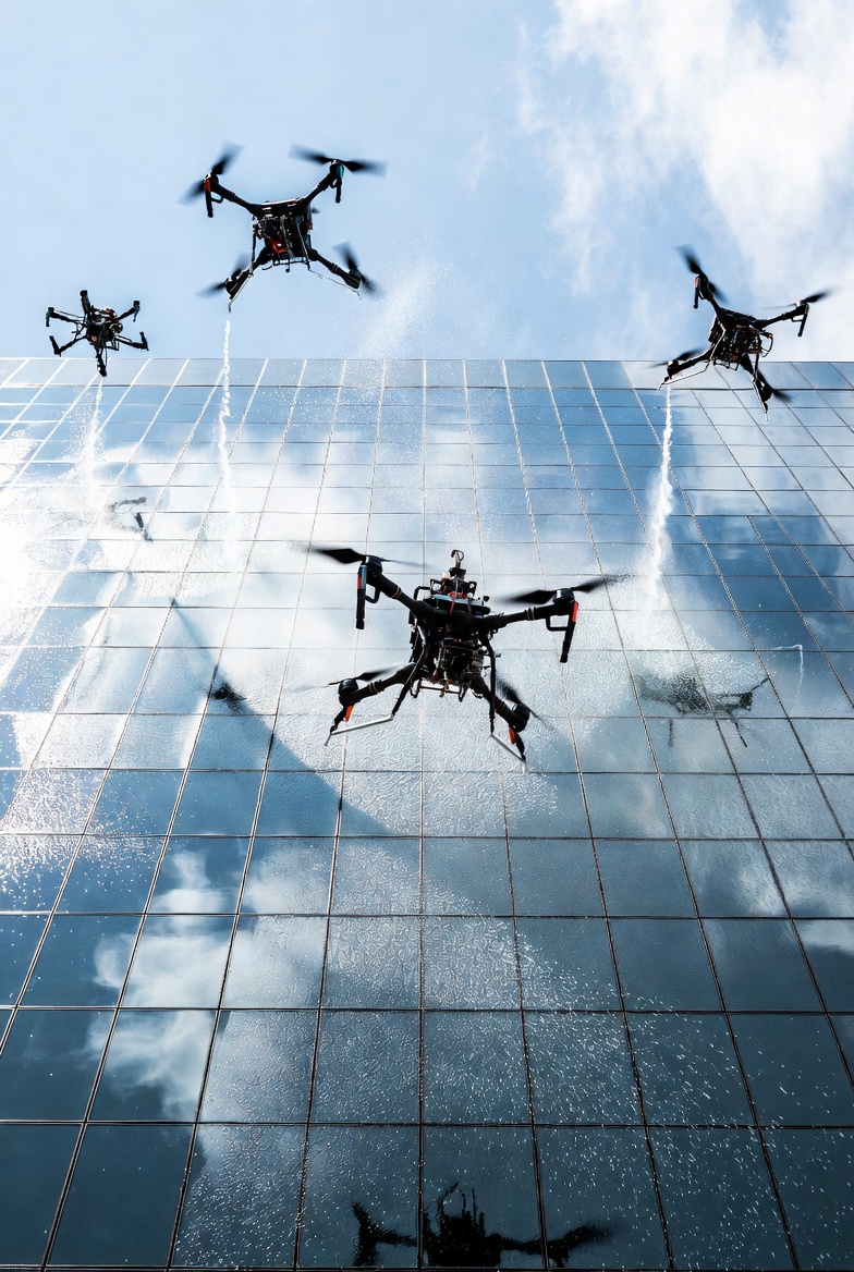 Commercial drone pressure washing exterior brick building