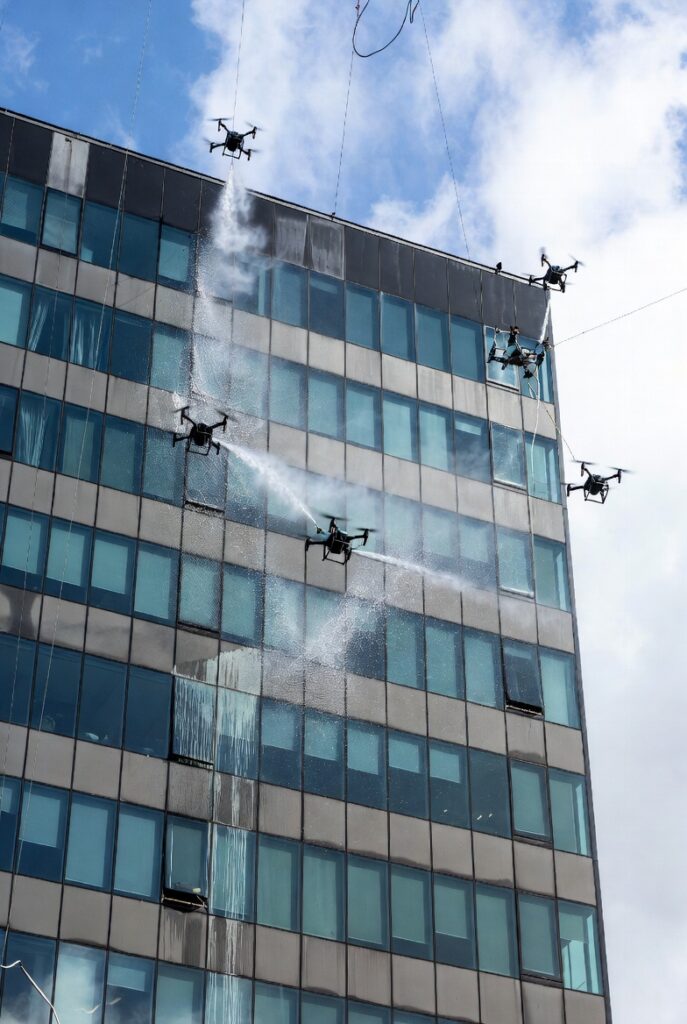 Commercial drone pressure washing exterior brick building