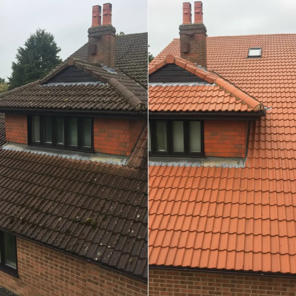 Steam roof cleaning before and after transformation by Drone Exterior Solutions Ltd