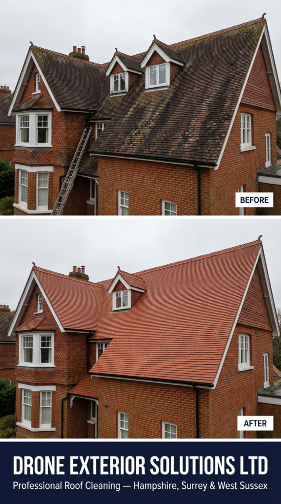 Roof cleaning completed in Guildford removing moss, algae, lichen and surface dirt to restore roof tiles safely