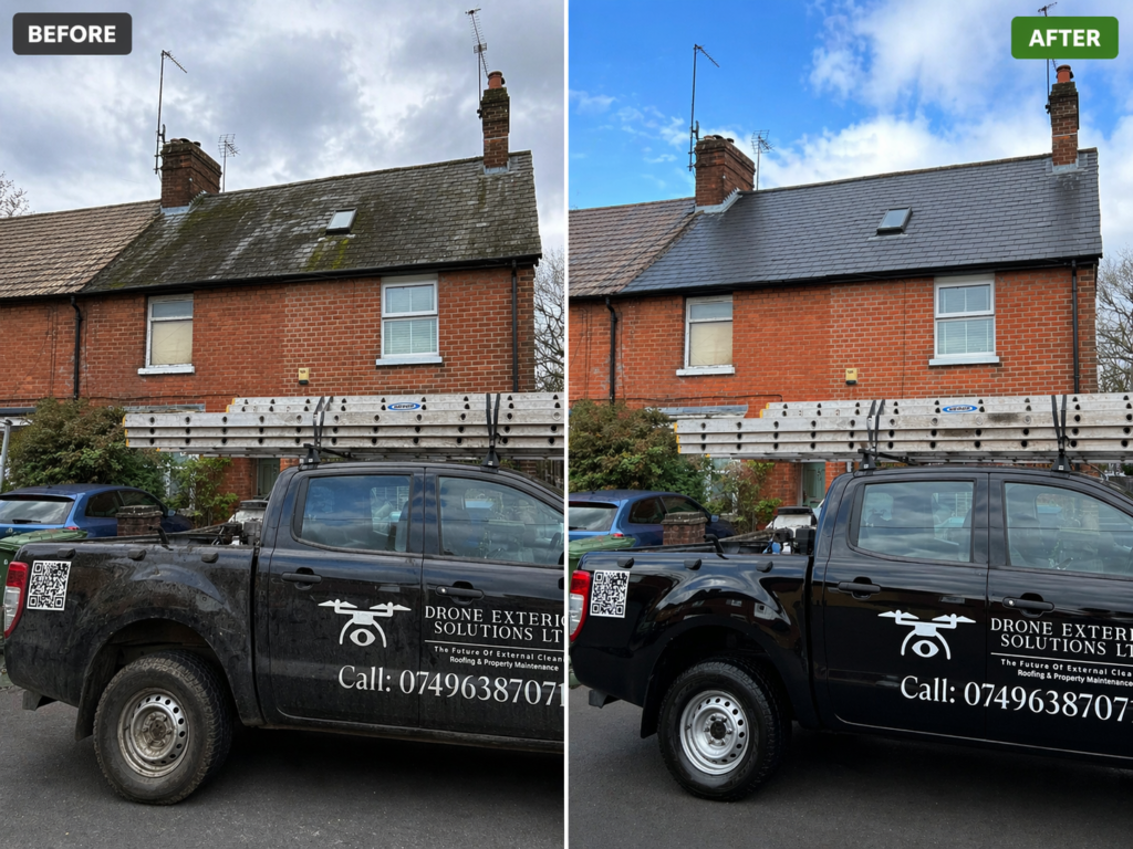 Slate roof cleaning completed in Petersfield removing moss, algae, lichen and surface dirt to restore natural slate appearance