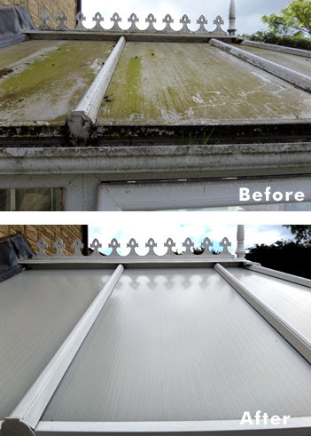 Conservatory cleaning completed in Farnham Surrey removing dirt, algae and surface staining from glass, frames and roof panels