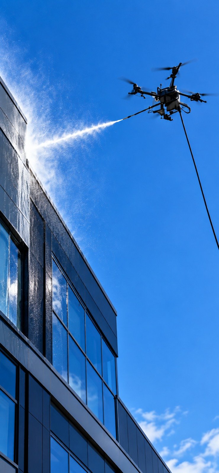 Cleaning drone washing a multi-storey glass façade